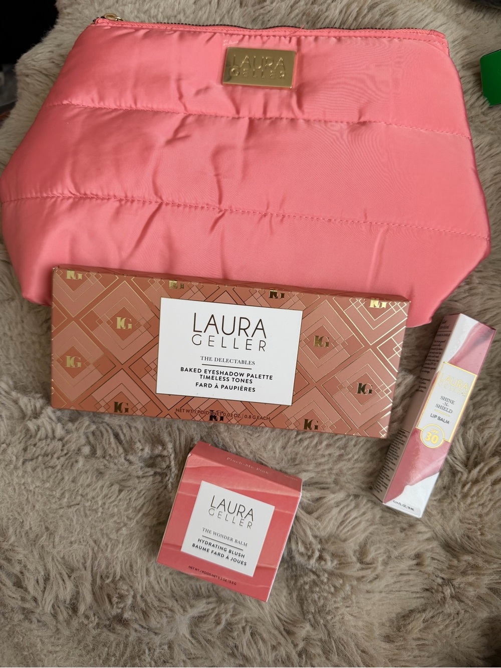 Laura Geller Pink Quilted Cosmetic Bag & Makeup Set